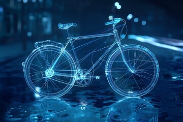 Vibrant wireframe visualization against glowing translucent backdrop featuring a bicycle - obrazy, fototapety, plakaty