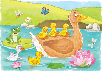 Ugly duckling. Fairy tale. Coloring page. Coloring book. Illustration for children. Cute and funny cartoon characters