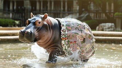 Youthful Exuberance A Hippos Playful Splash in a BaroqueInspired Floral Pool Generative ai
