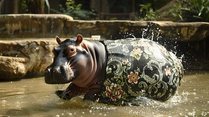Playful Young Hippo Adorned with Baroqueinspired Floral Pattern in Shallow Pool Generative ai
