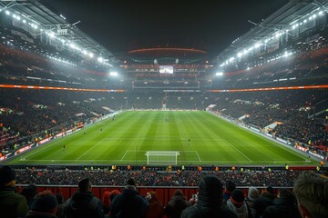 An expansive, empty football stadium brightly illuminated under the night sky presenting a majestic and competitive atmosphere