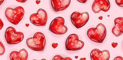A seamless pattern of red hearts on a pink background, designed for print and digital paper materials