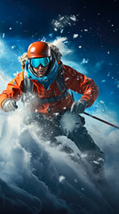 Skiing in Alps, Snow-covered peaks, Action-packed descents, Winter sports thrill, Skiing equipment