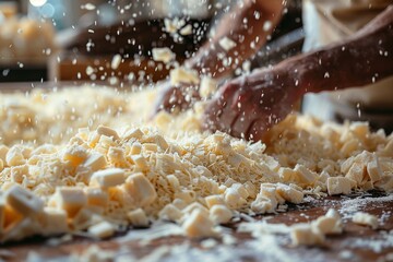 As cheese crumbles fly, the photo shows the hands of an artisan engaged in the process of slicing fresh cheese
