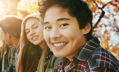 Portrait, smile and friends with autumn, park and nature for college break and bonding. Group,...