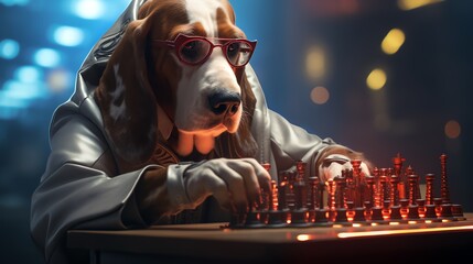 A Basset Hound at a chess tournament in a scifi setting, with light beams highlighting strategic moves on the board