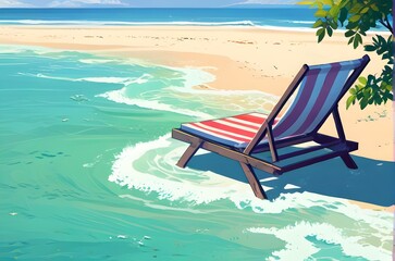 Beautiful summer seascape, romantic sunbathing scene on the beach when the tide rises on a sunny day. Illustration vector. Generative AI