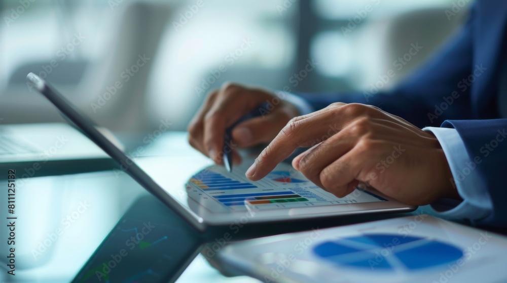 Fototapete a businessman analyzing financial data on a tablet device, with graphs and charts illustrating reven