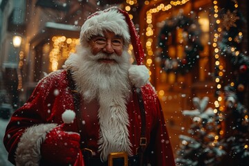 A close-up of Santa Claus smiling in a snowy environment, carrying a gift bag