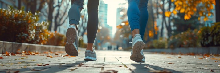 A low-angle view captures the legs of two runners in urban park, Global Running Day and healthy...