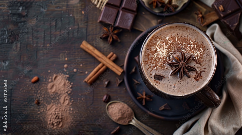 Sticker cup of hot chocolate with cinnamon and star anise on dark wooden background