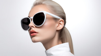 fashionable model in modern sunglasses, product photo, trendy background, free space, design, copy space