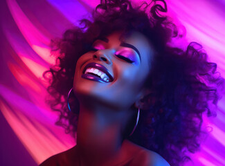 Fototapeta premium happy smiling african american woman in neon light, portrait, bright lighting light, portrait, close-up