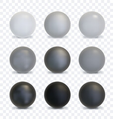Set of six realistic monochrome spheres on transparent background. Vector white, gray and black 3D metal balls with shadow