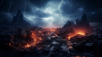 Apocalyptic Volcanic Landscape Illuminated by Lightning at Night