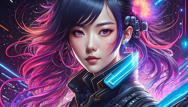 Portrait einer h&uuml;bschen, jungen asiatischen Frau. Farbenfrohe Illustration