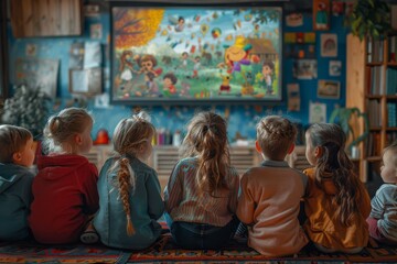 A group of children are sitting on the floor captivated by an animated story being shown on screen