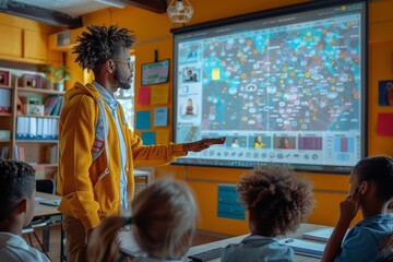 An engaging young teacher gesturing towards a complex infographic on a digital board to students