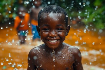 A joyful child plays in tropical rain, showcasing pure happiness and carefree childhood moments