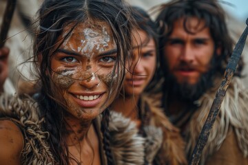 A joyful tribal woman with face paint and a sunny smile, surrounded by fellow tribe members