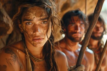 Obraz premium Two people with tribal paint participate in a traditional activity, displaying cultural heritage and craftsmanship