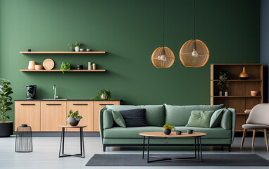 living room interior in green colors, minimalism