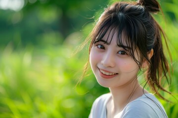Naklejka premium 夏に公園デートを楽しむ笑顔の日本人女性（カップル・彼女・モデル）