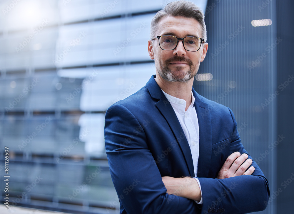 Canvas Prints Happy, mature businessman and portrait with crossed arms for pride and professional career outdoors in urban city. Smile, male person or ceo for confidence, ambition and dedication to law firm