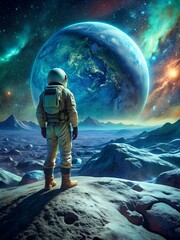 an astronaut stands on a rock in front of a planet.