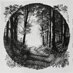 black and white image of a forest with trees in the shape of a circle