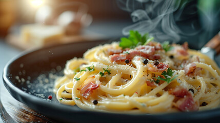 Fototapeta premium Presented on an inviting plate, a steaming serving of pasta carbonara is generously topped with melted cheese, crispy bacon, and a sprinkle of herbs, creating a tantalizing dish in a cozy setting.
