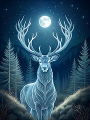a deer with a full moon in the background.