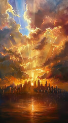 Obraz premium City Skyline Sunset Painting Vibe., Pentecost a Christian holiday, the descent of the Holy Spirit.