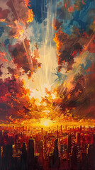 Vibrant Cityscape Sunset Illustration, Pentecost a Christian holiday, the descent of the Holy Spirit.