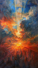 Fototapeta premium Cityscape Embraced by Sunset Rays, Pentecost a Christian holiday, the descent of the Holy Spirit.
