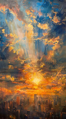 Fototapeta premium Vibrant Sunset Cityscape Painting, Pentecost a Christian holiday, the descent of the Holy Spirit.