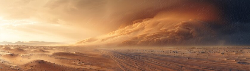 A desert scene with a large sand dune and a storm in the distance