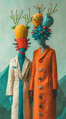 two people standing together with colorful outfits, in the style of surrealistic assemblages,