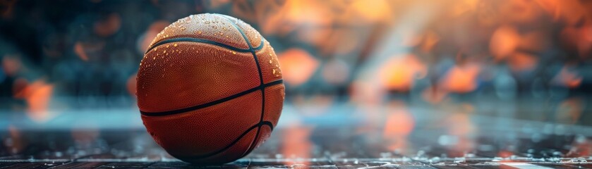 Basketball court with a basketball on the wet floor and blurred lights in the background.