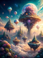 a colorful picture of a space with a bunch of hot air balloons.