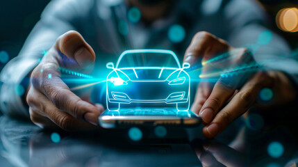 Male hands with phone and digital car icon above it. Buy or rent auto online. Call a cab. Technology in transportation