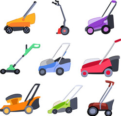 lawn mower set cartoon. care equipment, service green, tractor landscaping lawn mower sign. isolated symbol vector illustration