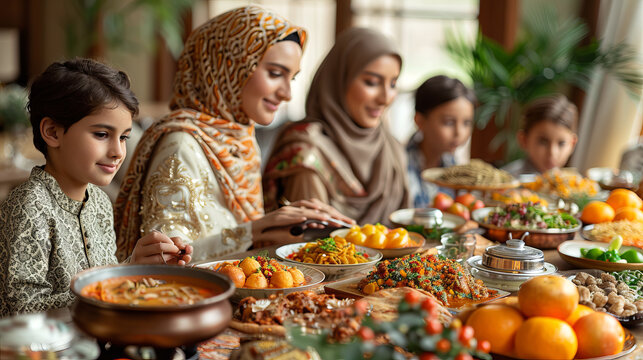 Islamic family celebrating Eid al-Adha around a festive table with traditional dishes.