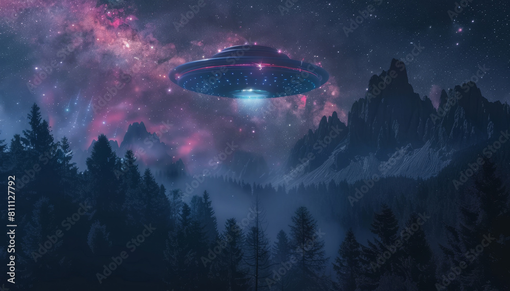 Sticker a group of alien spaceships are flying through a forest at night by ai generated image