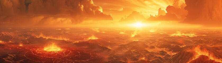 A fiery orange sky with a sun in the middle