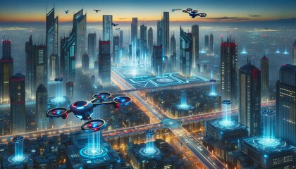Futuristic cityscape with flying drones and illuminated skyscrapers
