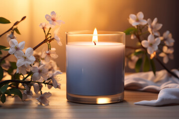 Candle mockup on stone table and spring flowers in natural colors against sunset background