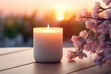 Candle mockup on stone table and spring flowers in natural colors against sunset background