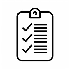 Outline icon of checklist using black line and minimal design. White background.