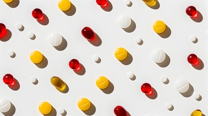 Assorted Pharmaceuticals Arranged in Vibrant Pattern Layout for Medical or Healthcare Concept